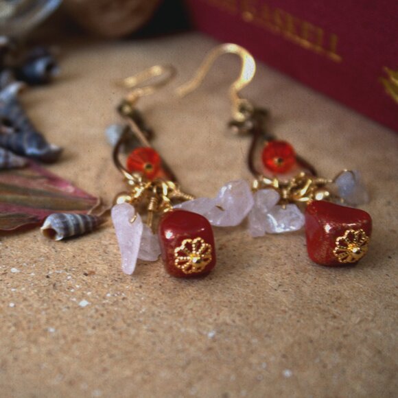 Brass Wire Pink & Red Dangle Earrings - Picture 2 of 4